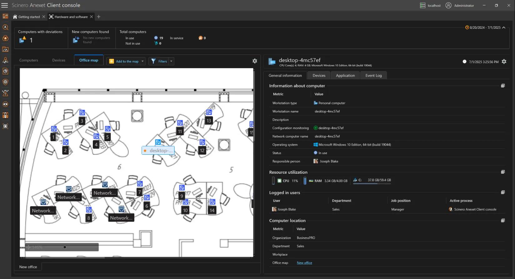 Console Anexet, mappa dell'ufficio che mostra una piantina con le icone delle postazioni di lavoro e i dettagli del dispositivo in tempo reale per la scrivania selezionata