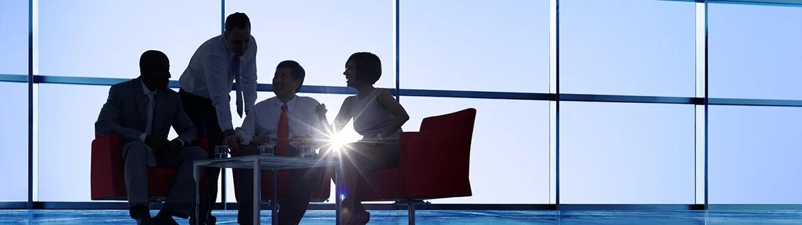 Business professionals discussing collaboration in an office
