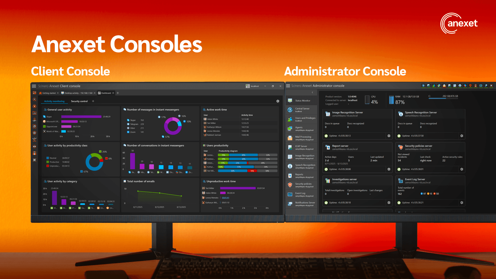 Anexet Client and Administrator consoles shown on two monitors