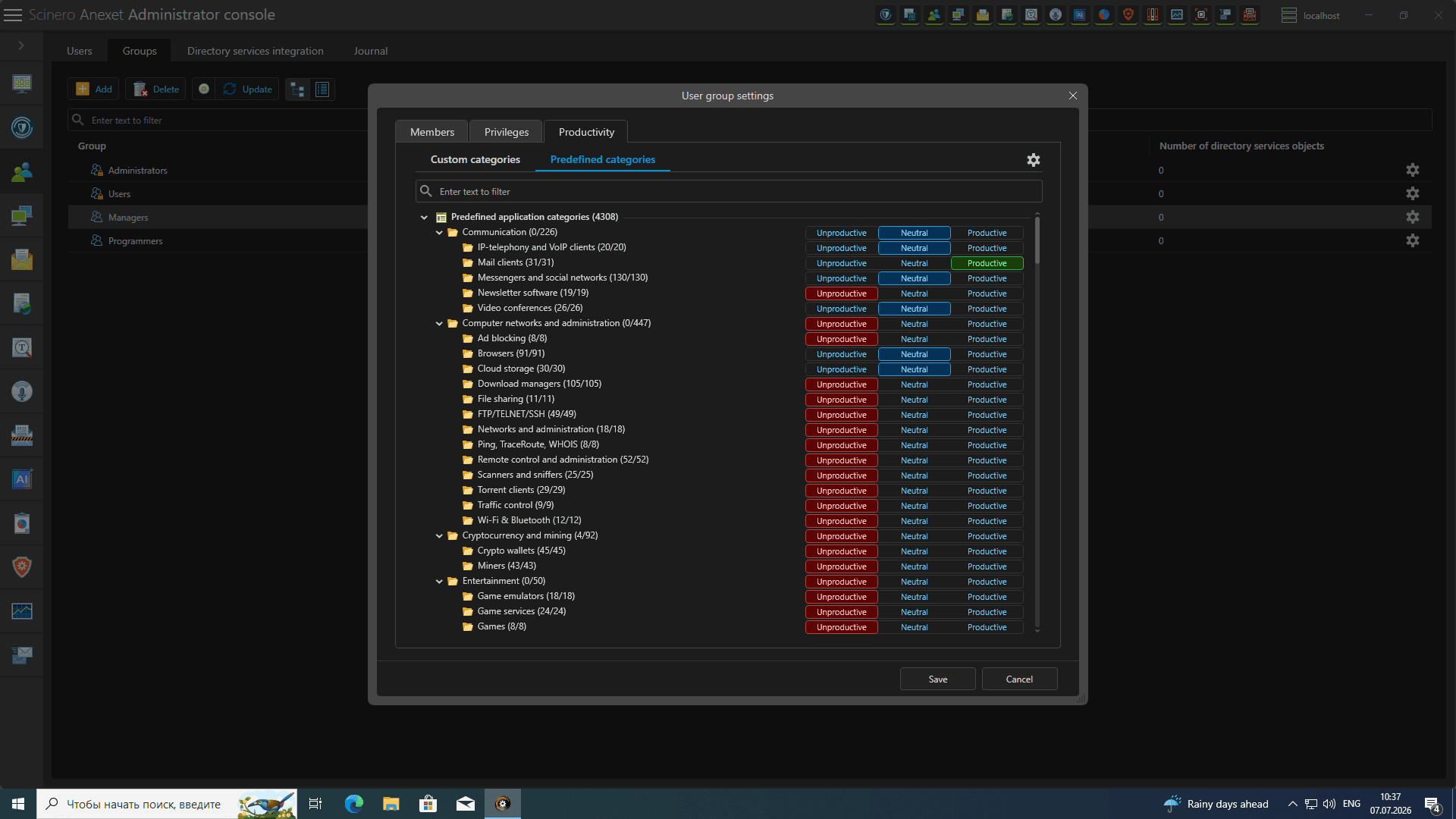Predefined application categories with productivity labels