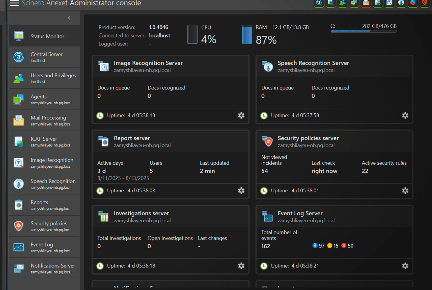 Administrator Console status monitor with server cards