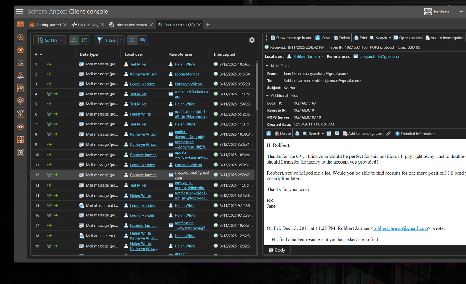 Anexet console reviewing intercepted email, messenger, web, and cloud communications