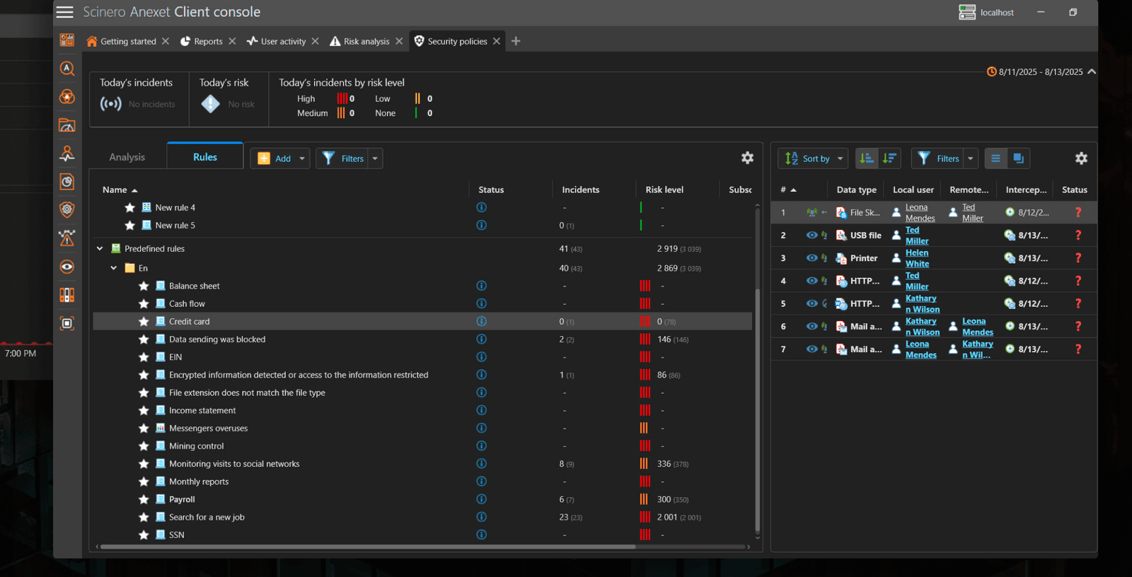 Anexet console configuring security policies and automatic risk-based blocking