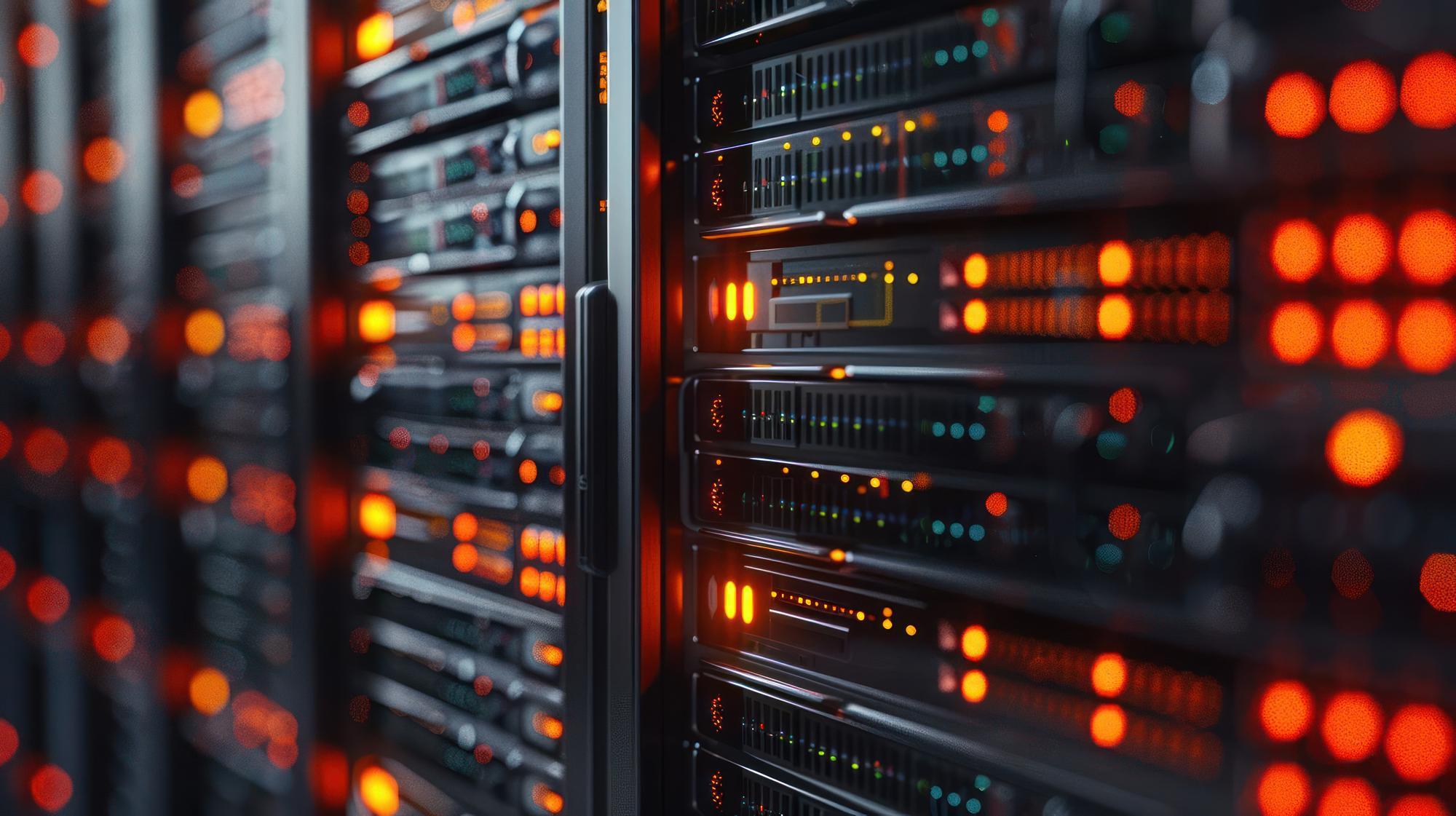Server racks with status lights in a data center