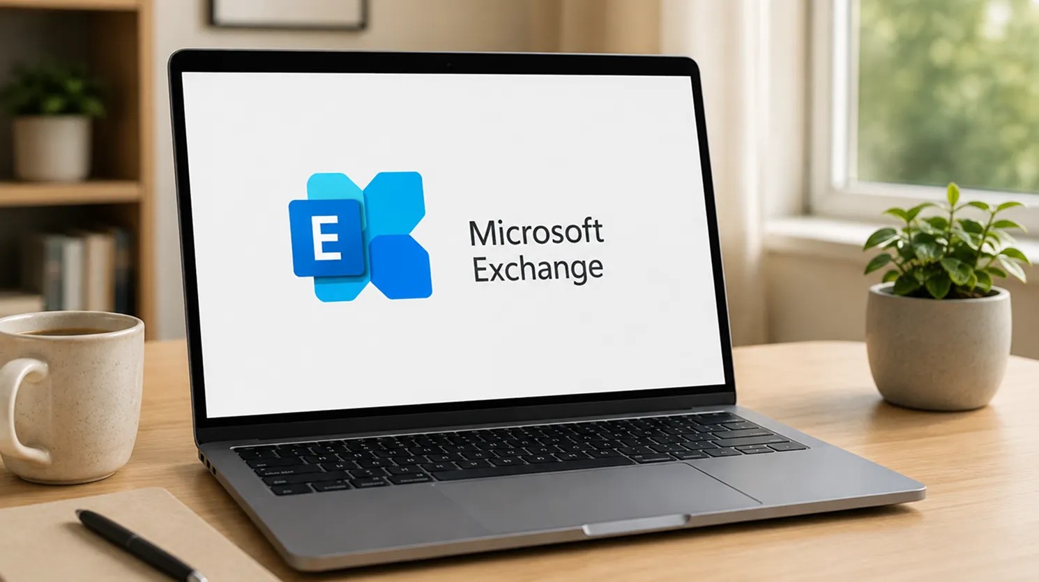 Laptop on a desk displaying the Microsoft Exchange logo