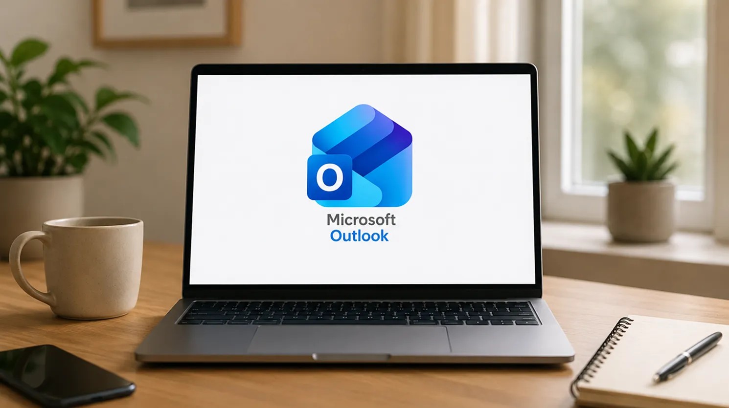 Laptop on a desk displaying the Microsoft Outlook logo