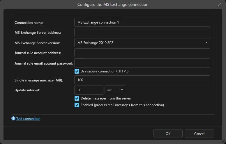 إعدادات اتصال journaling مع Microsoft Exchange في وحدة تحكم المسؤول في Anexet