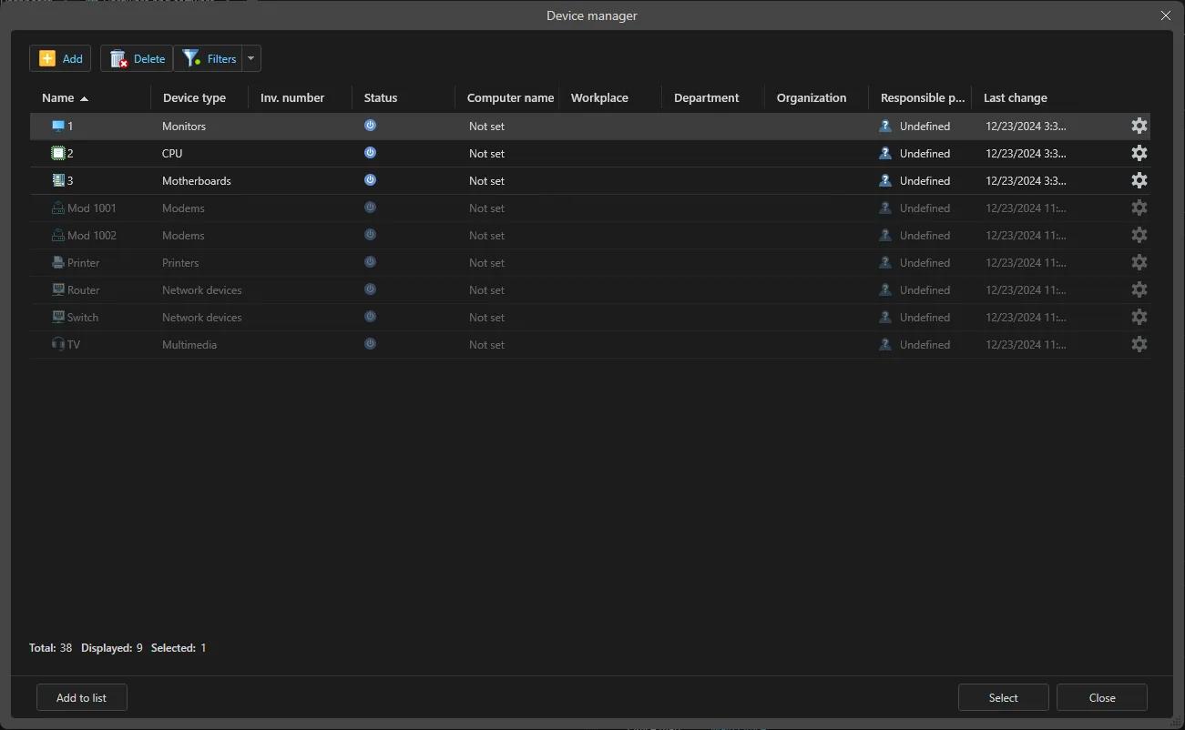 Anexet-Konsole, Device manager: Hardwarekomponenten — Monitore, Prozessoren, Modems, Drucker, Netzwerkgeräte — mit Status und Abteilung