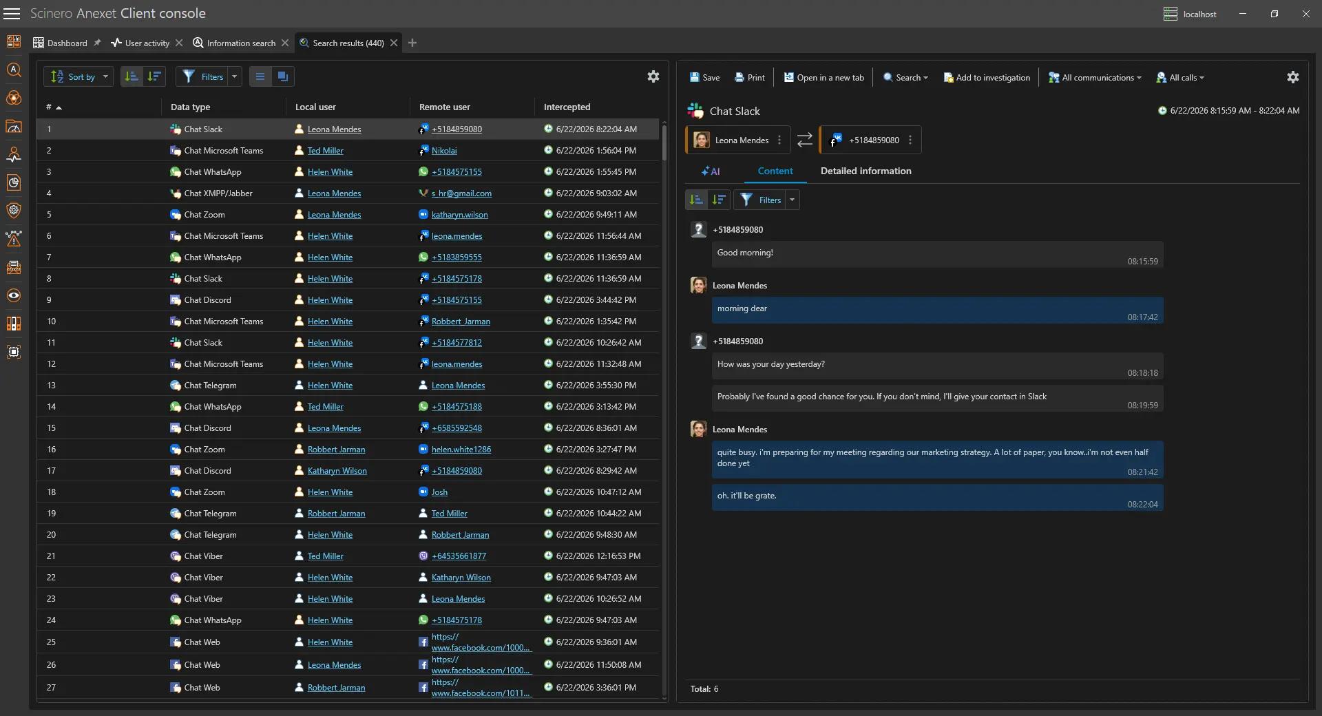 Anexet console reviewing intercepted email, messenger, web, and cloud communications