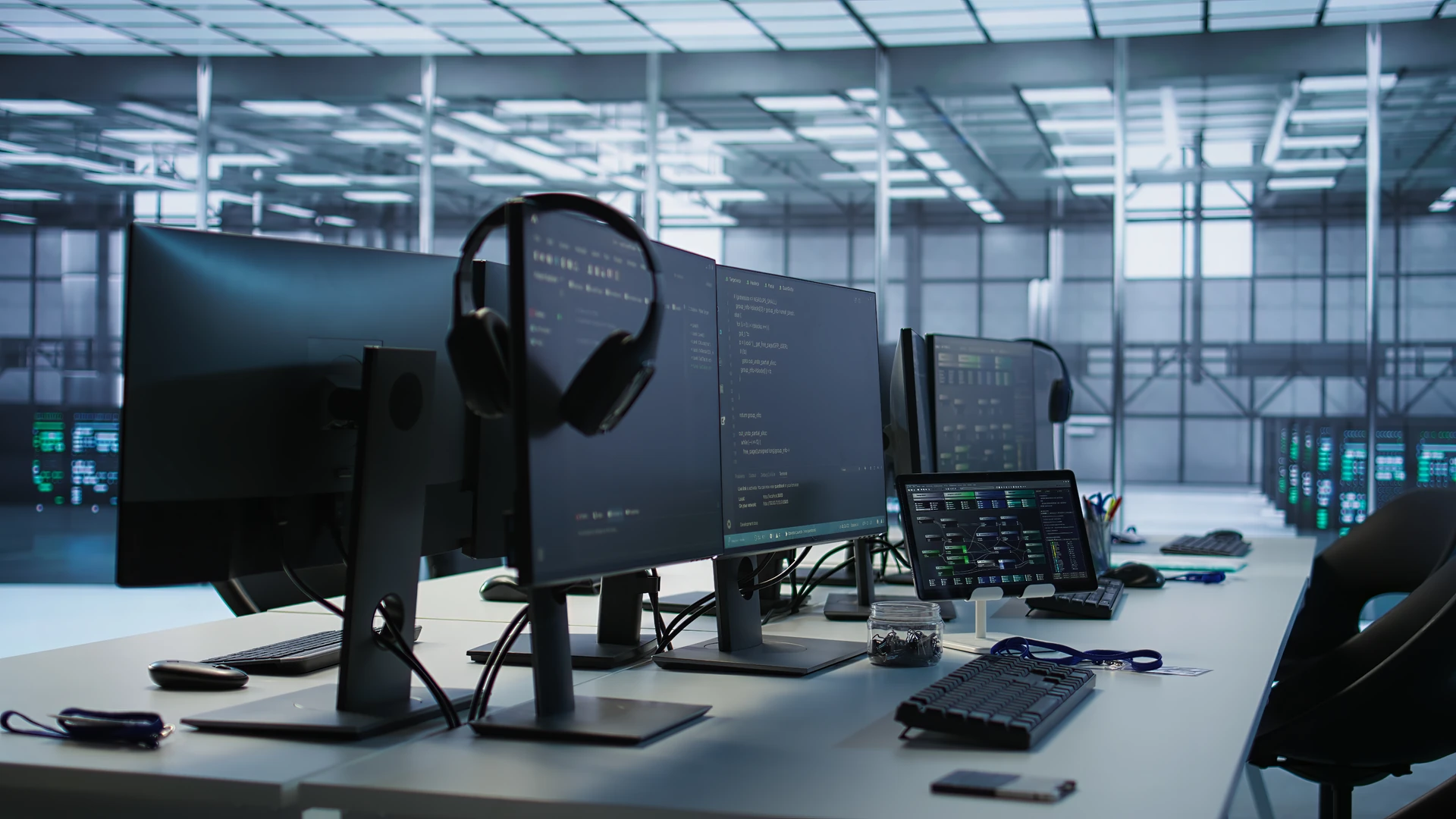 IT-Arbeitsplatz mit Monitoren, die Code anzeigen, einem Tablet mit Netzwerkdiagramm und Serverracks im Hintergrund